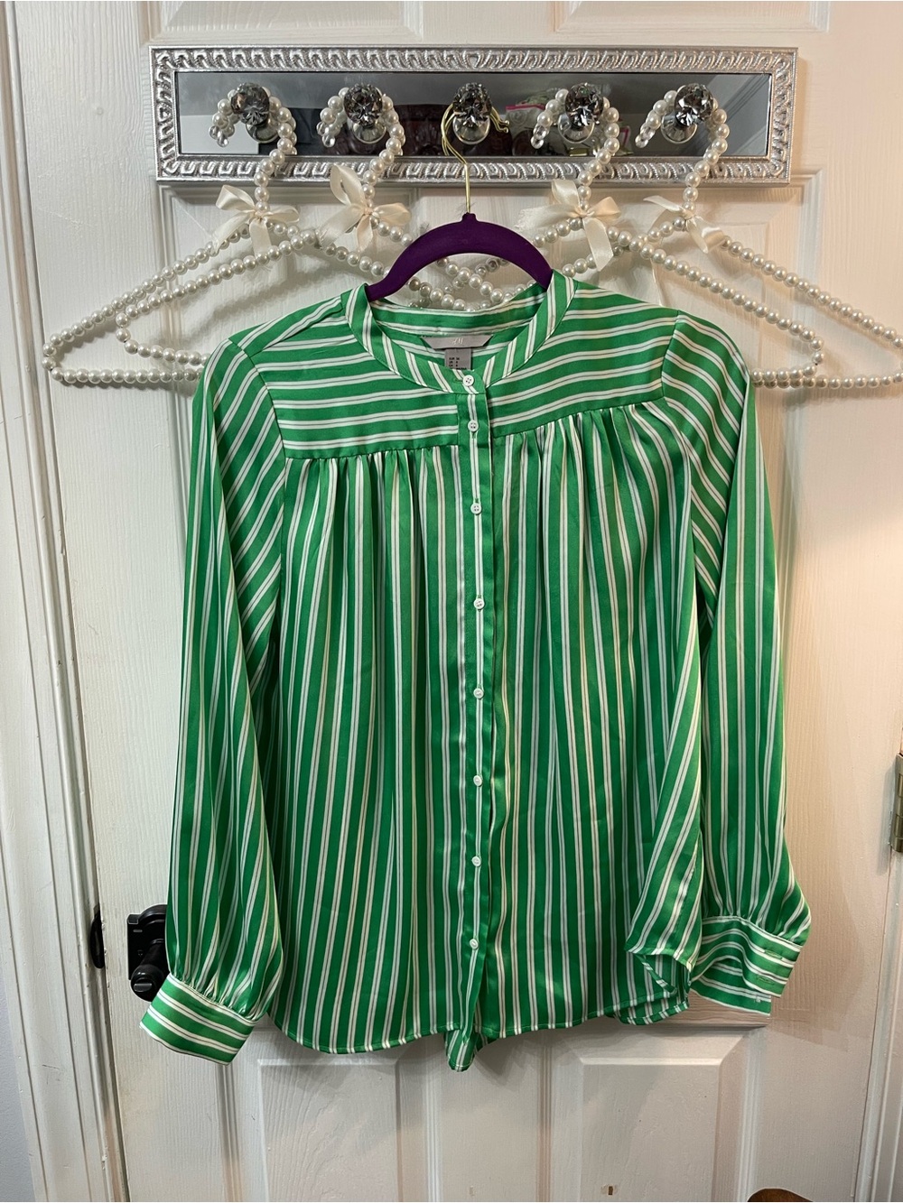 Green & White Striped Button-Front Women's Blouse H&M